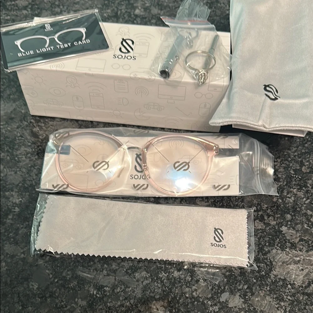 Sojos Anti Blue Light Glasses Light Pink Round Frame Carry Case & More NIB NWT
